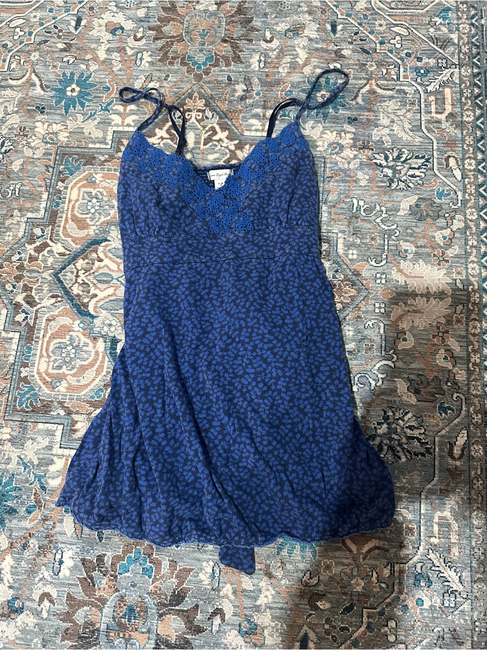 American Eagle Outfitters Blue Lace-Trim Floral Tank Top